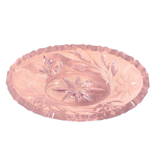 Oval Serving Dish Floral Pattern with Leaf Pattern Glass Etched Ends - Picture 2 of 7